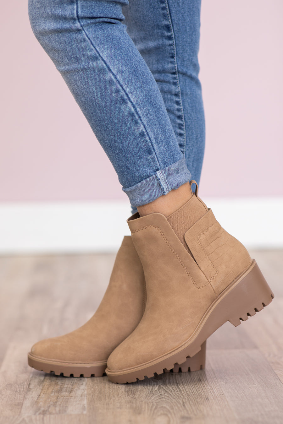 Tan Lug Sole Wedge Booties