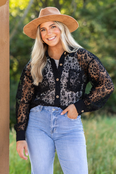 Black Floral Crochet Top With Button Detail