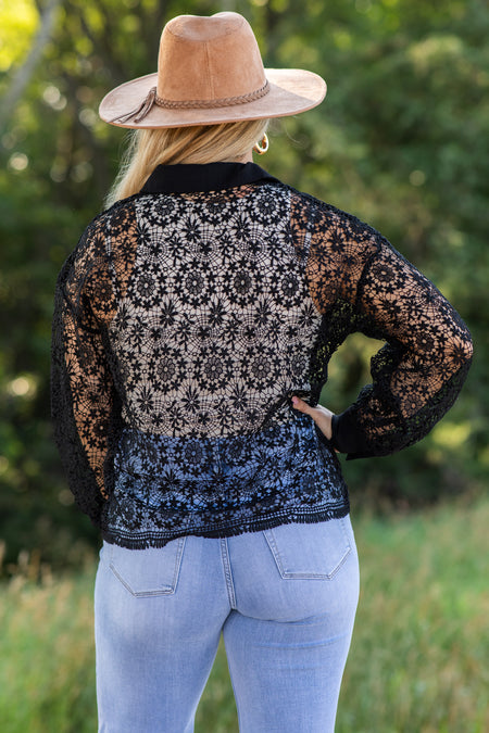 Black Floral Crochet Top With Button Detail