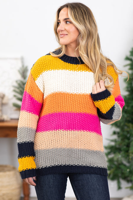 Pink and Gold Stripe Colorblock Sweater