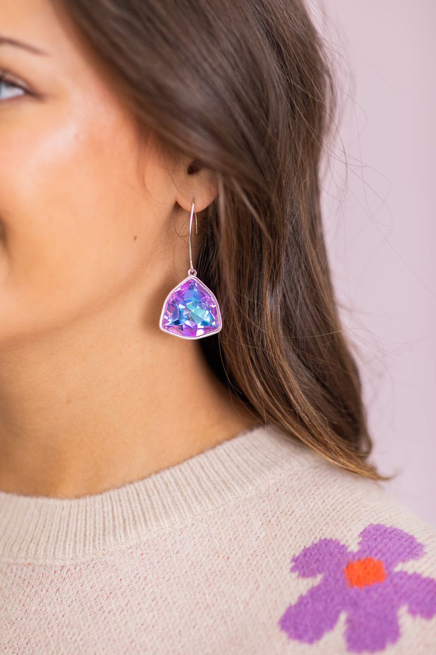 Silver Earrings With Purple Stone Pendant