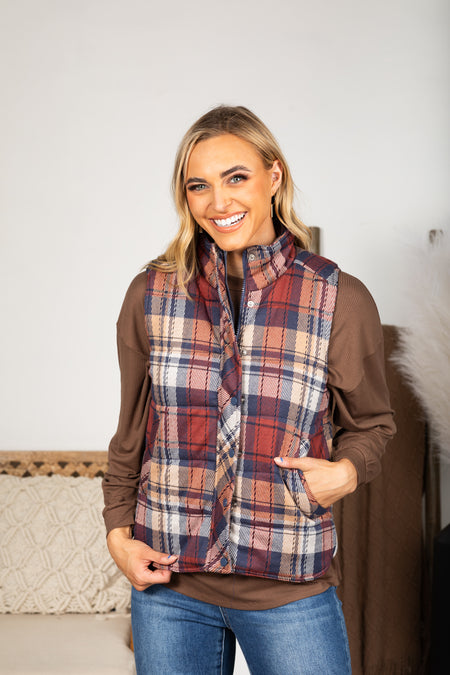 Navy And Maroon Plaid Vest With Pockets