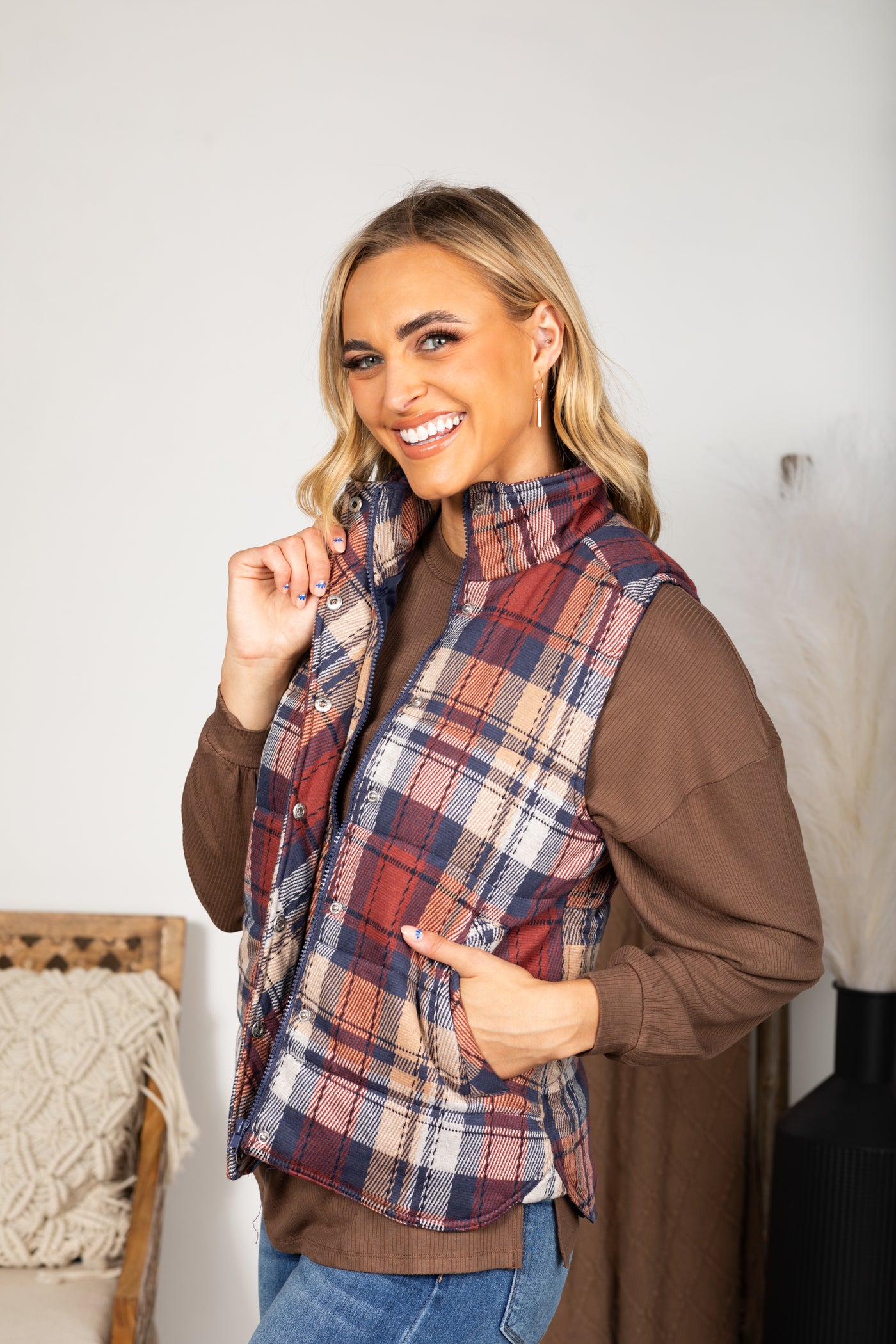 Navy And Maroon Plaid Vest With Pockets