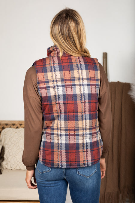 Navy And Maroon Plaid Vest With Pockets