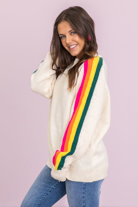 Cream Sweater With Rainbow Stripe Sleeves