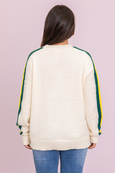 Cream Sweater With Rainbow Stripe Sleeves