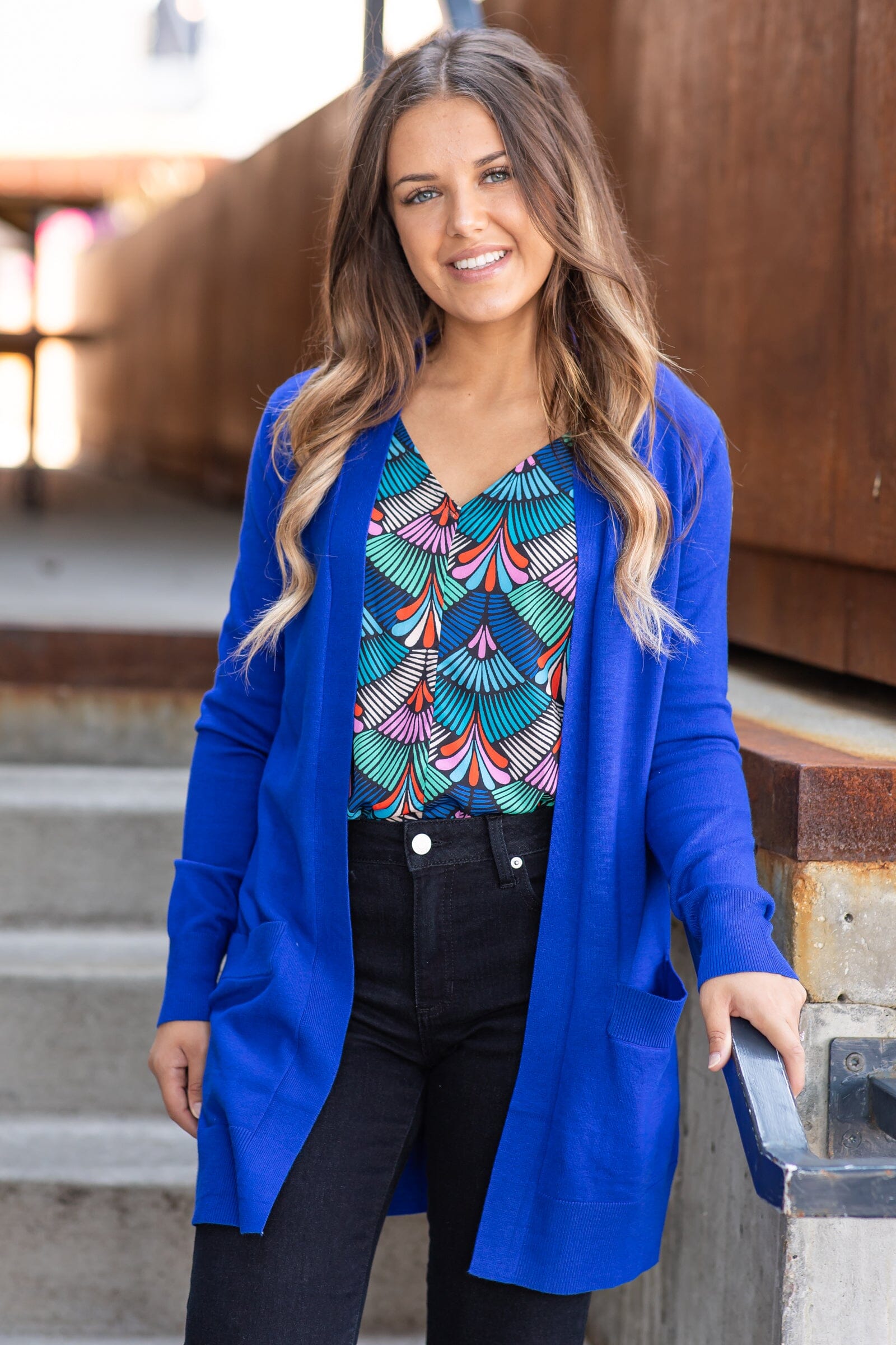 Royal blue top cardigan outfit