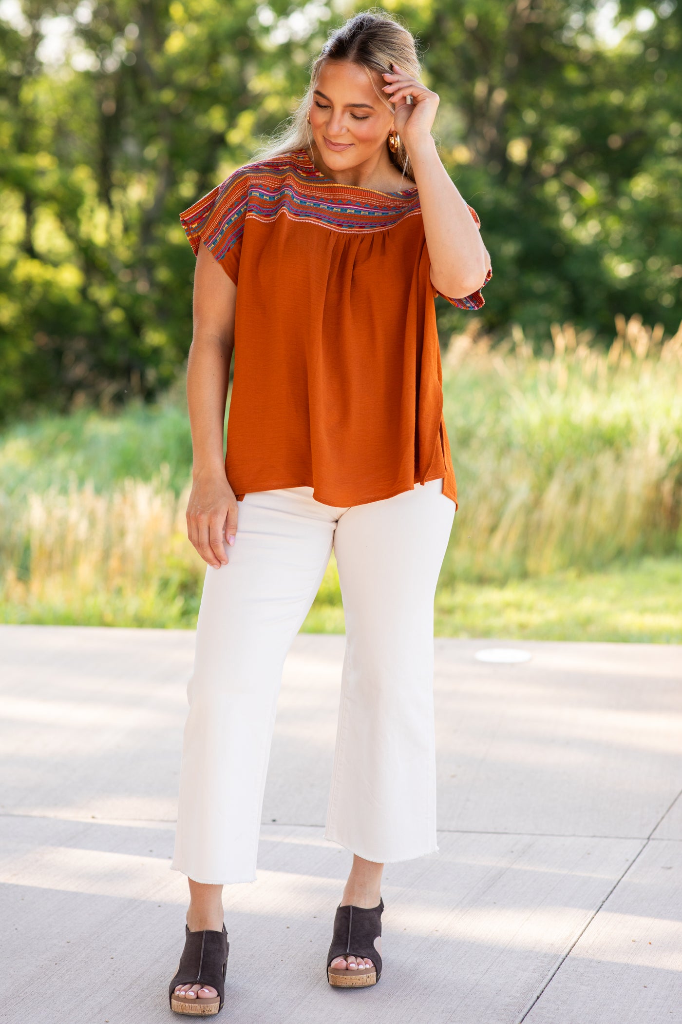 Cinnamon Embroidery Short Sleeve Woven Top