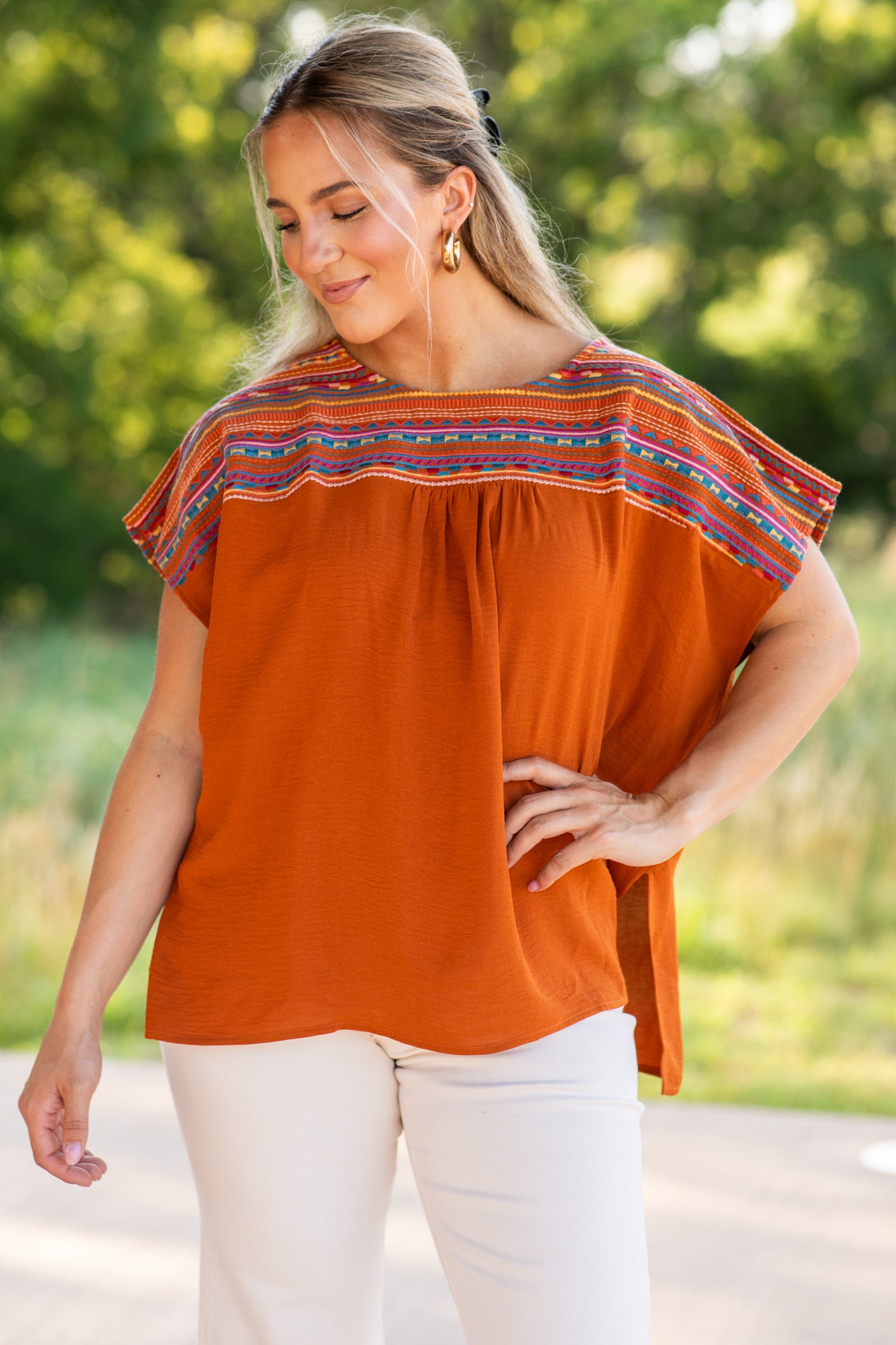 Cinnamon Embroidery Short Sleeve Woven Top