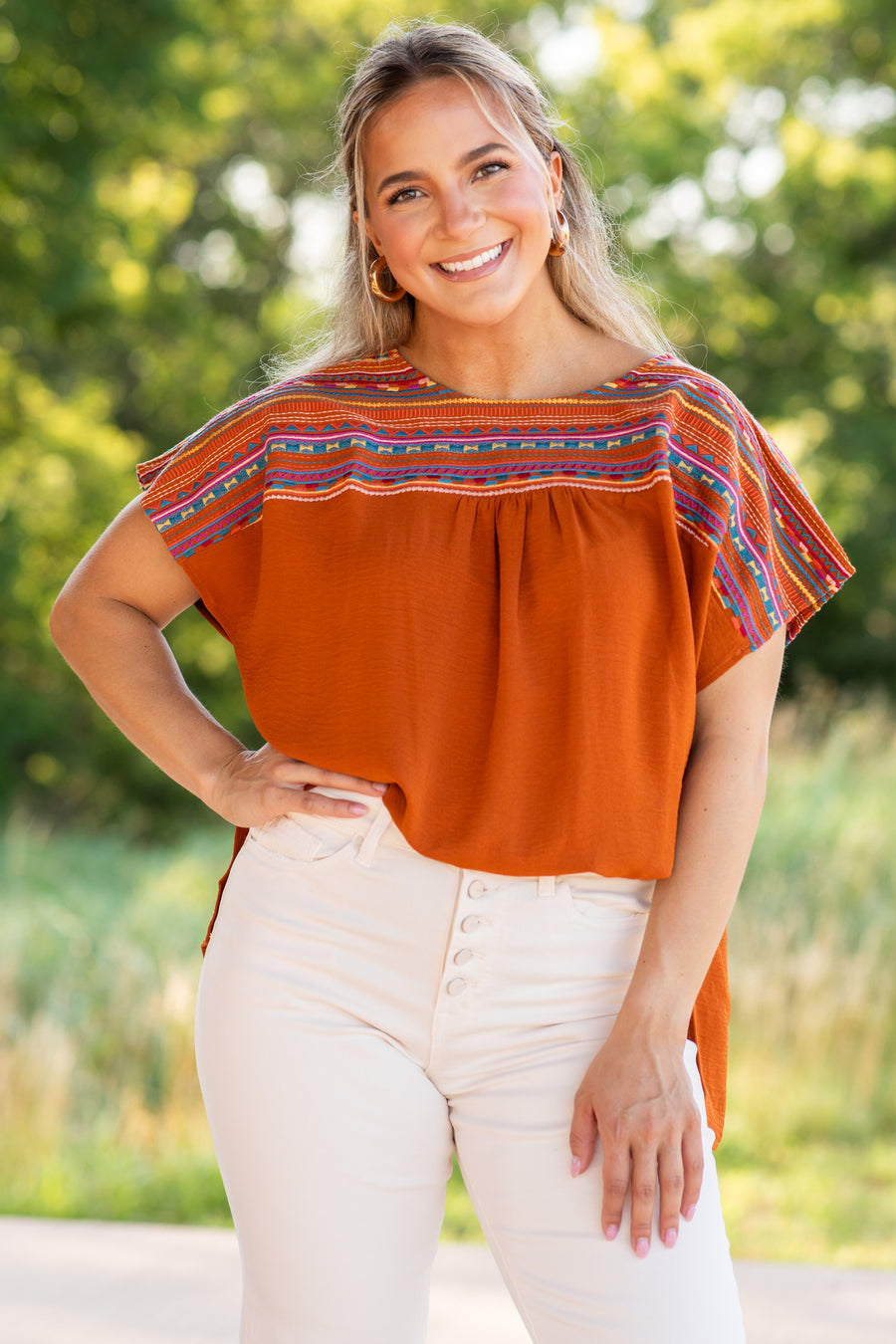 Cinnamon Embroidery Short Sleeve Woven Top