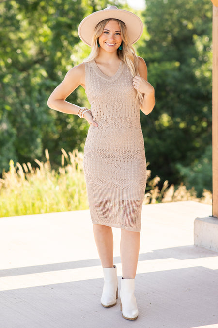 Tan Lurex Crochet Dress With Lining