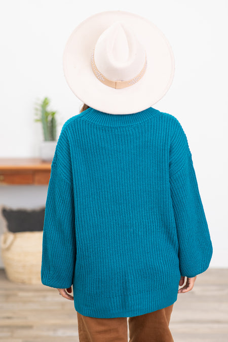 Teal Ribbed Drop Shoulder Slouchy Sweater