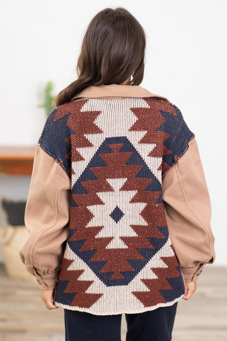 Mocha Jacket With Aztec Knit Back Detail