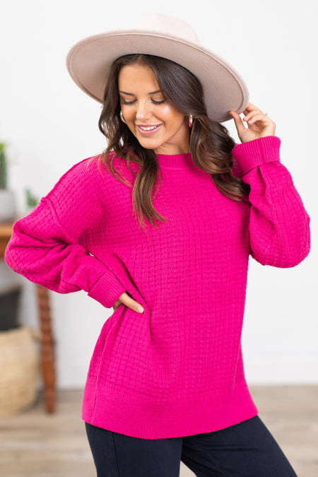 Fuchsia Waffle Drop Shoulder Slouchy Sweater