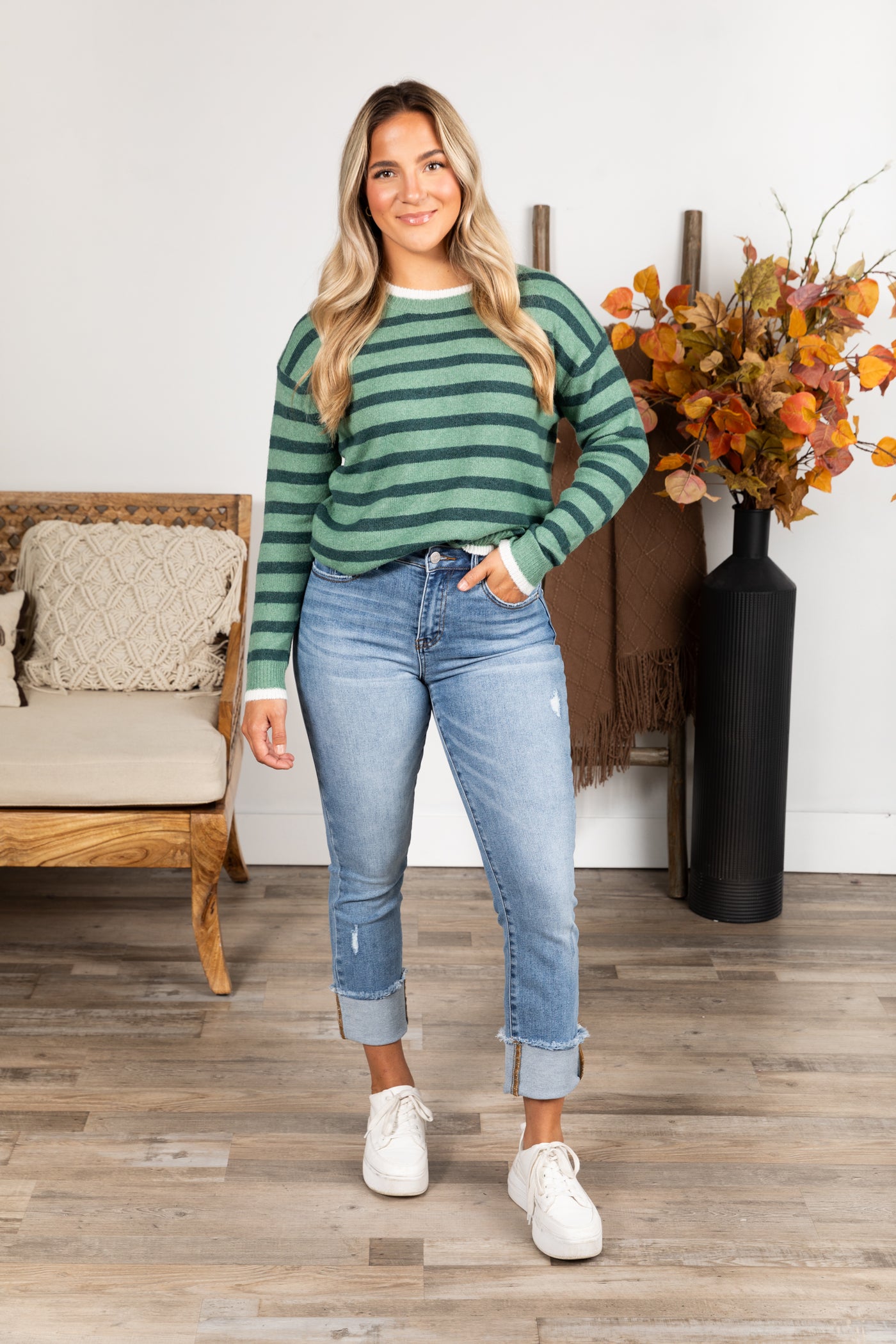 Striped Color Contrast Crewneck Sweater