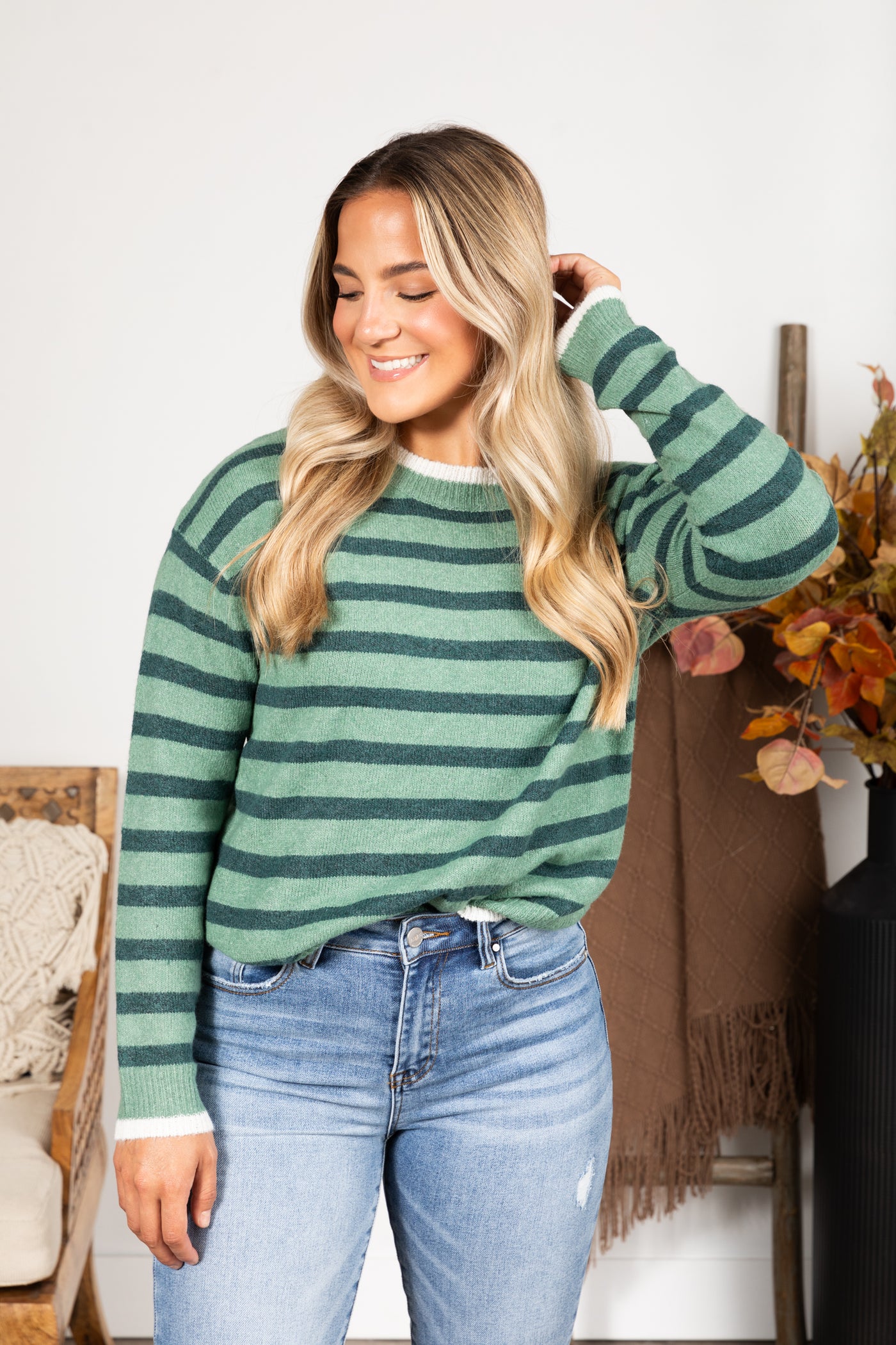 Striped Color Contrast Crewneck Sweater