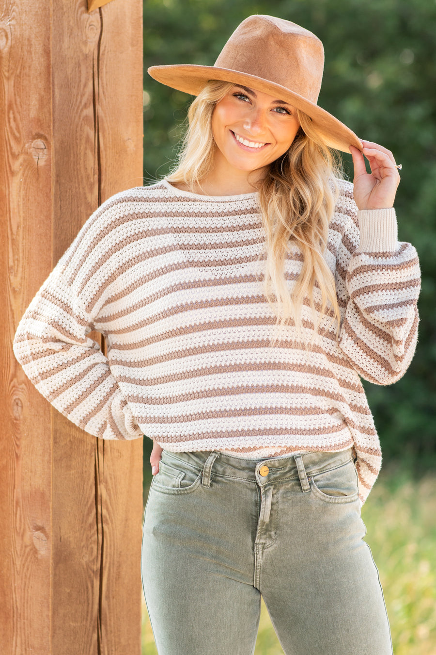 Taupe Relaxed Striped Knit Sweater