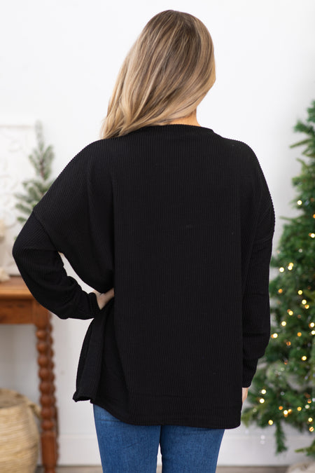 Black Ribbed Round Neck Top