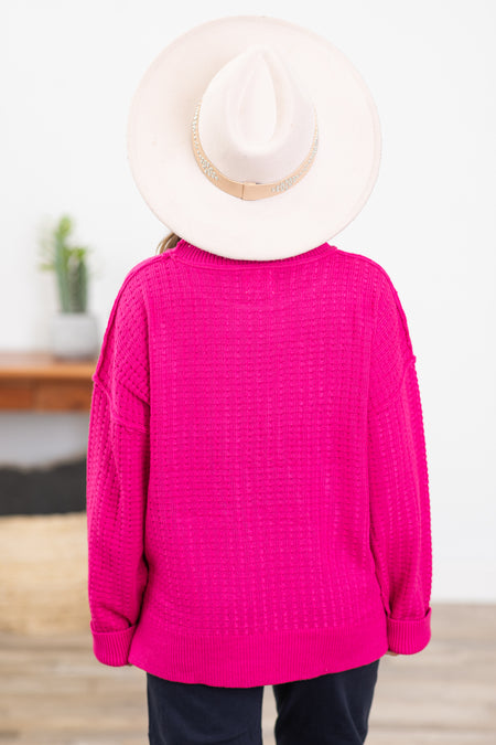 Fuchsia Waffle Drop Shoulder Slouchy Sweater