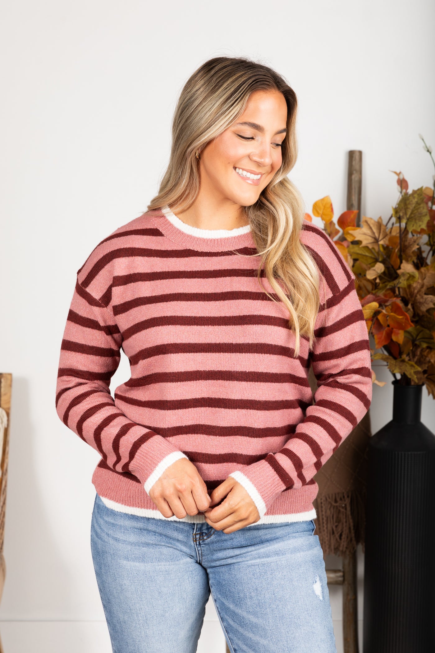 Striped Color Contrast Crewneck Sweater