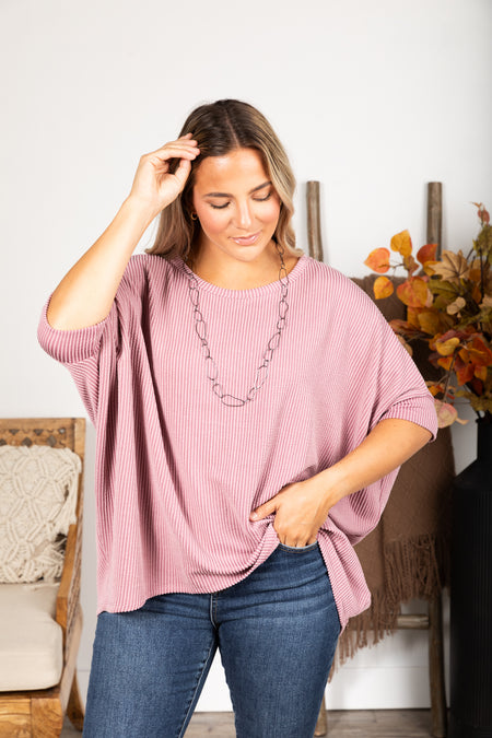 Solid Raised Ribbed Dolman Sleeve Knit Top