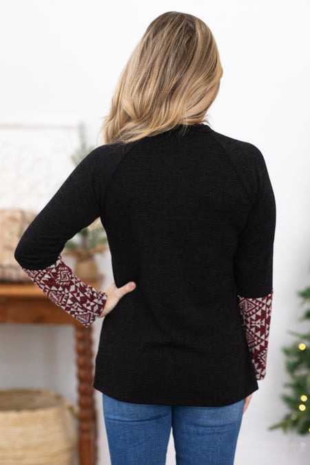 Black and Burgundy Aztec Print Mock Neck Top