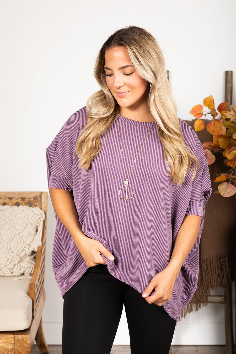 Solid Raised Ribbed Dolman Sleeve Knit Top