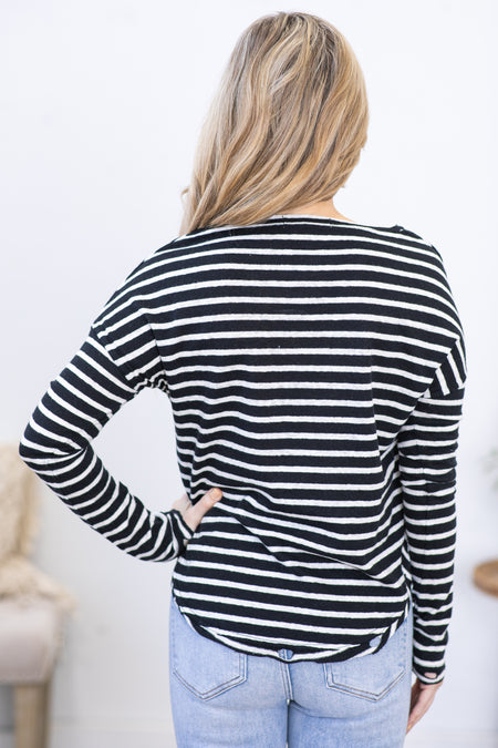 Black and Ivory Curve Hem Stripe Knit Top