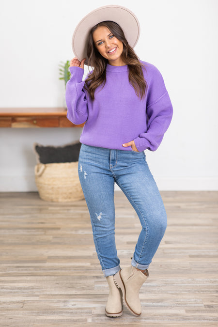 Lavender Drop Shoulder Ribbed Trim Sweater