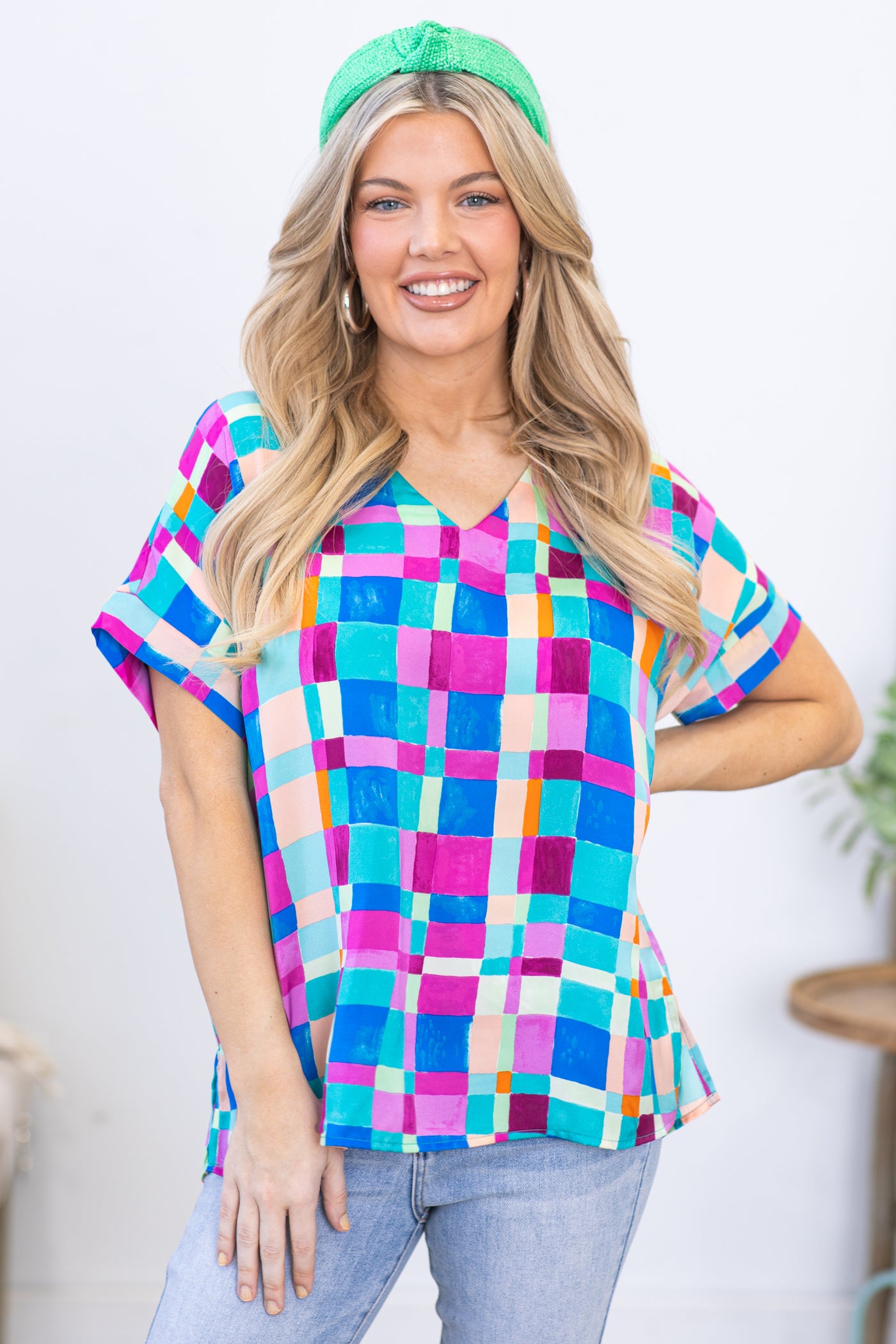 Multicolor Geometric Casual Woven Top