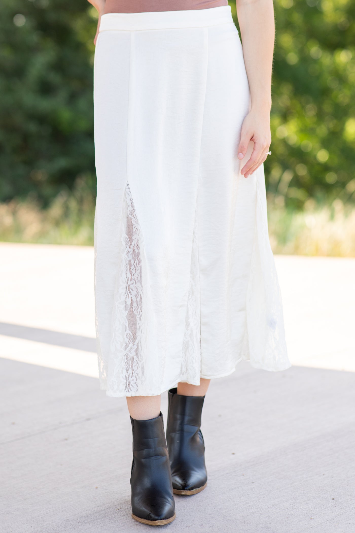 Cream Crushed Satin Lace Godet Skirt