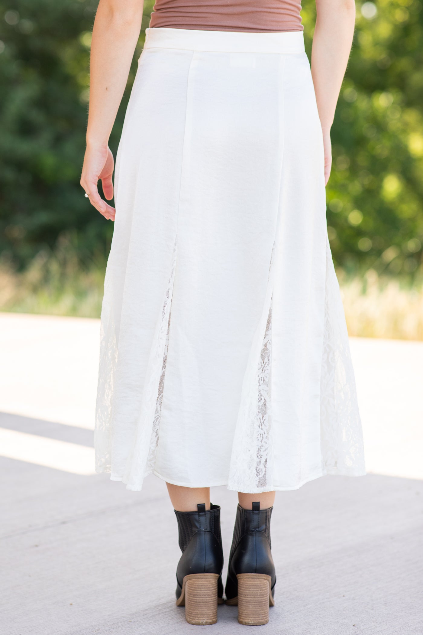 Cream Crushed Satin Lace Godet Skirt