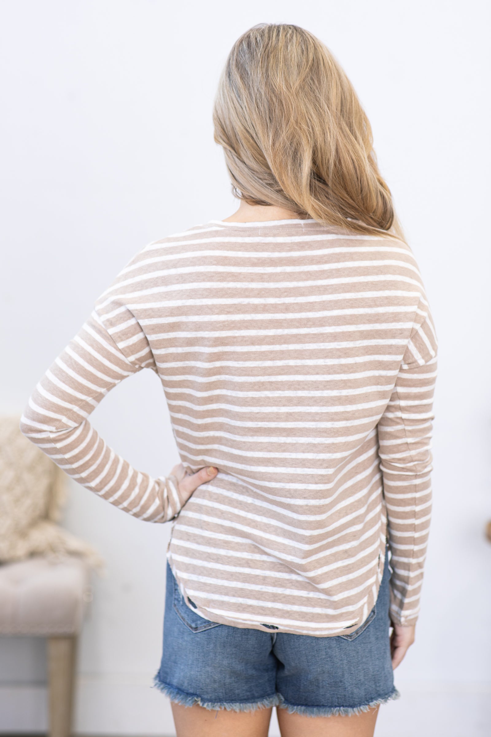 Taupe and Ivory Curve Hem Stripe Knit Top