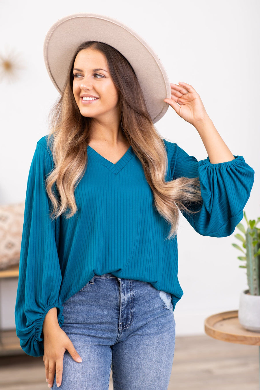 Teal V-Neck Balloon Sleeve Top - Filly Flair