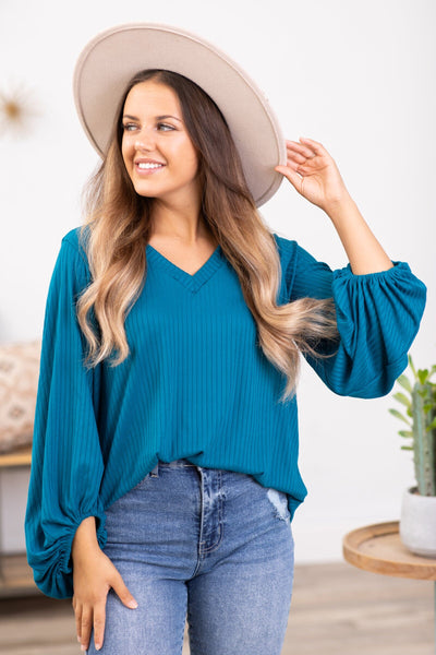 Teal V-Neck Balloon Sleeve Top · Filly Flair