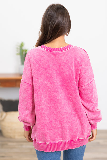 Hot Pink Pigment Dyed Step Hem Sweatshirt