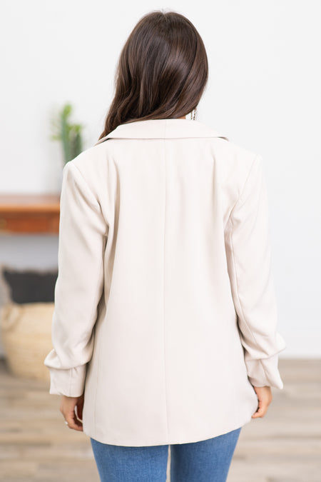 Beige Ruched Sleeve Classic Fit Blazer