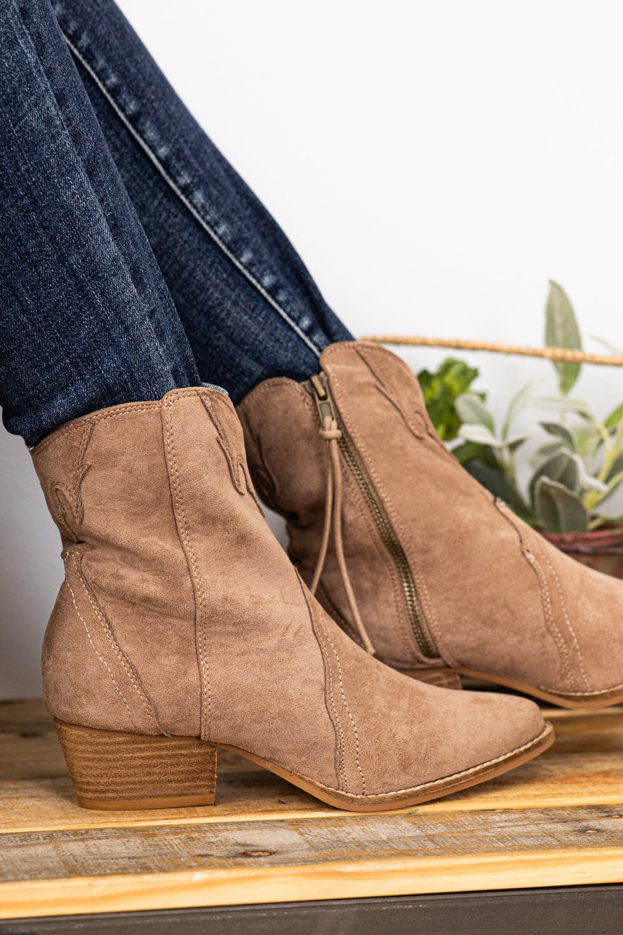 Taupe Faux Suede Bootie With Western Detail - Filly Flair