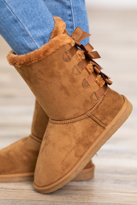 Tan Faux Fur Lined Boots With Bows