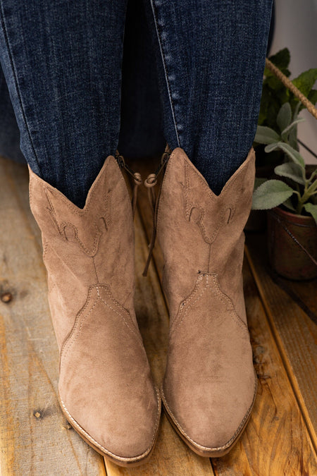 Taupe Faux Suede Bootie With Western Detail - Filly Flair