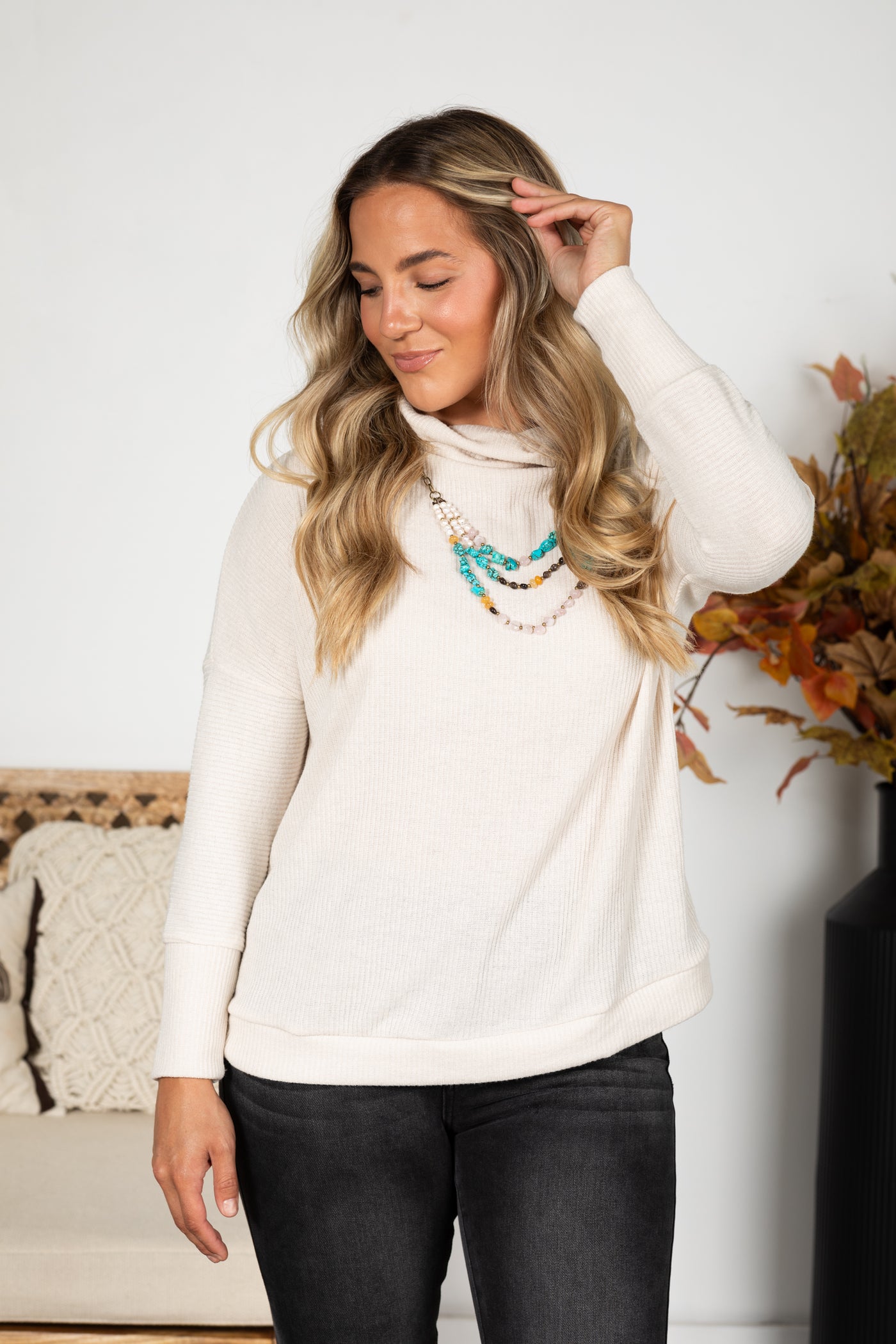 Cowl Neck Ribbed Long Sleeve Knit Top