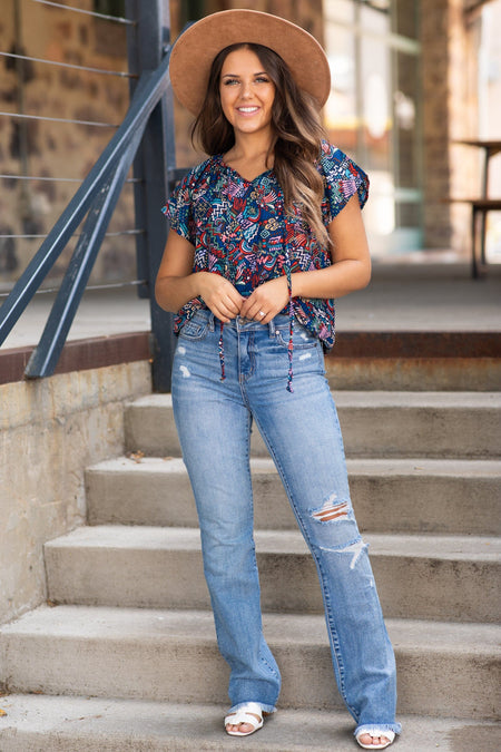 Navy and Red Multicolor Abstract Print Top - Filly Flair