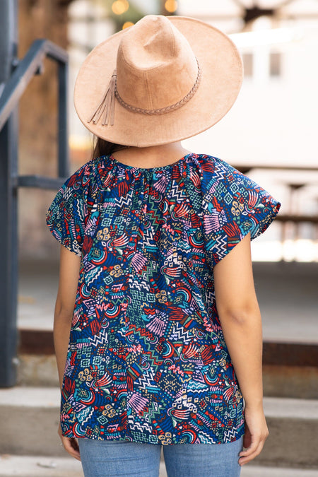 Navy and Red Multicolor Abstract Print Top - Filly Flair