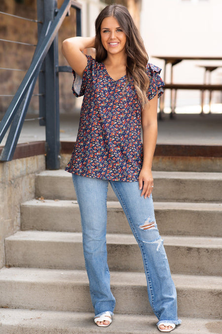 Navy and Red Ditsy Floral Print Top - Filly Flair