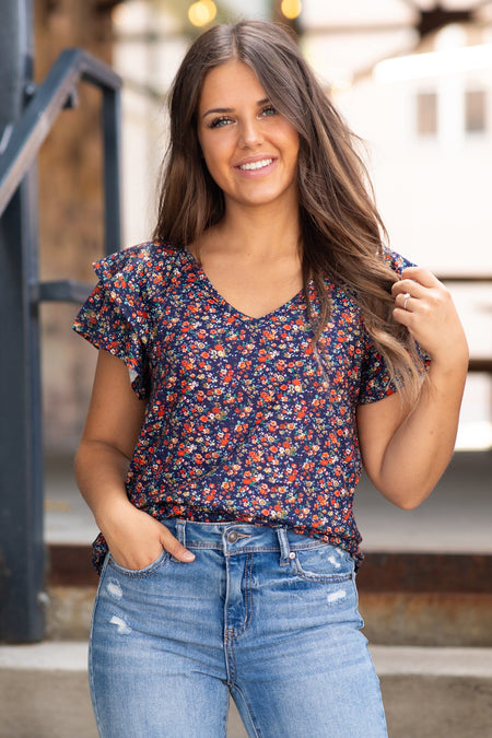 Navy and Red Ditsy Floral Print Top - Filly Flair