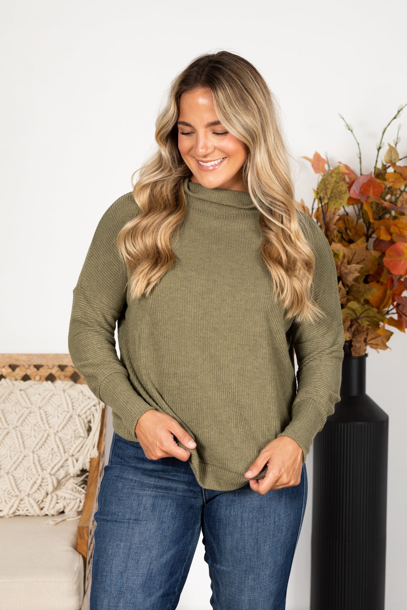 Cowl Neck Ribbed Long Sleeve Knit Top