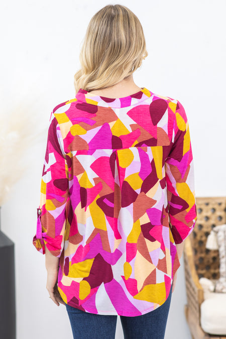 Hot Pink Geo Print Wrinkle Free Lizzy Top