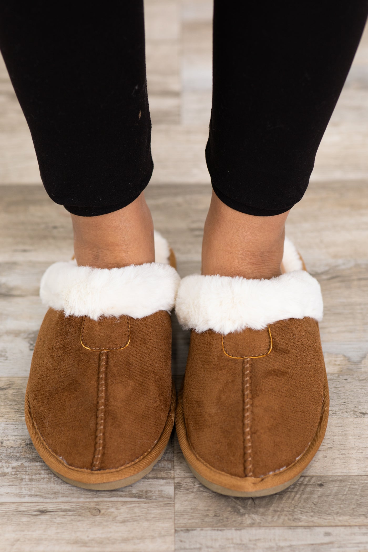 Camel Faux Fur Lined House Slippers