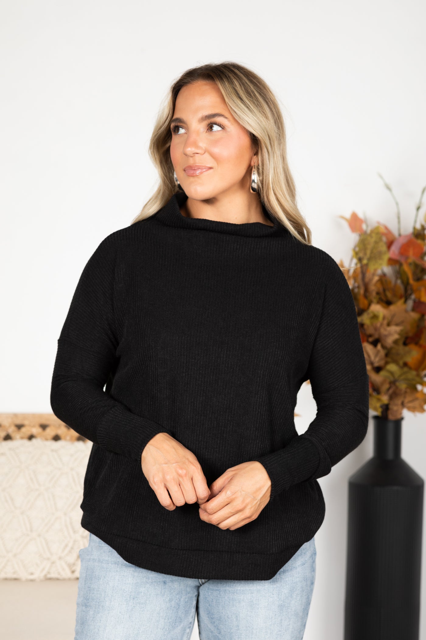 Cowl Neck Ribbed Long Sleeve Knit Top