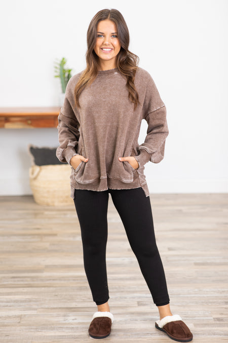 Mocha Pigment Dyed Step Hem Sweatshirt